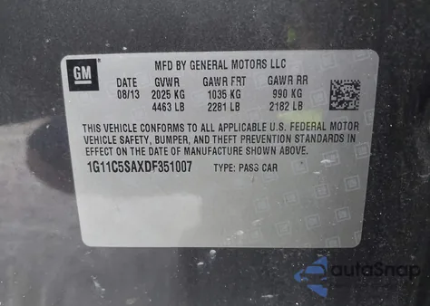 2013 Chevrolet Malibu 1Lt from USA, damaged, VIN 1G11C5SAXDF351007